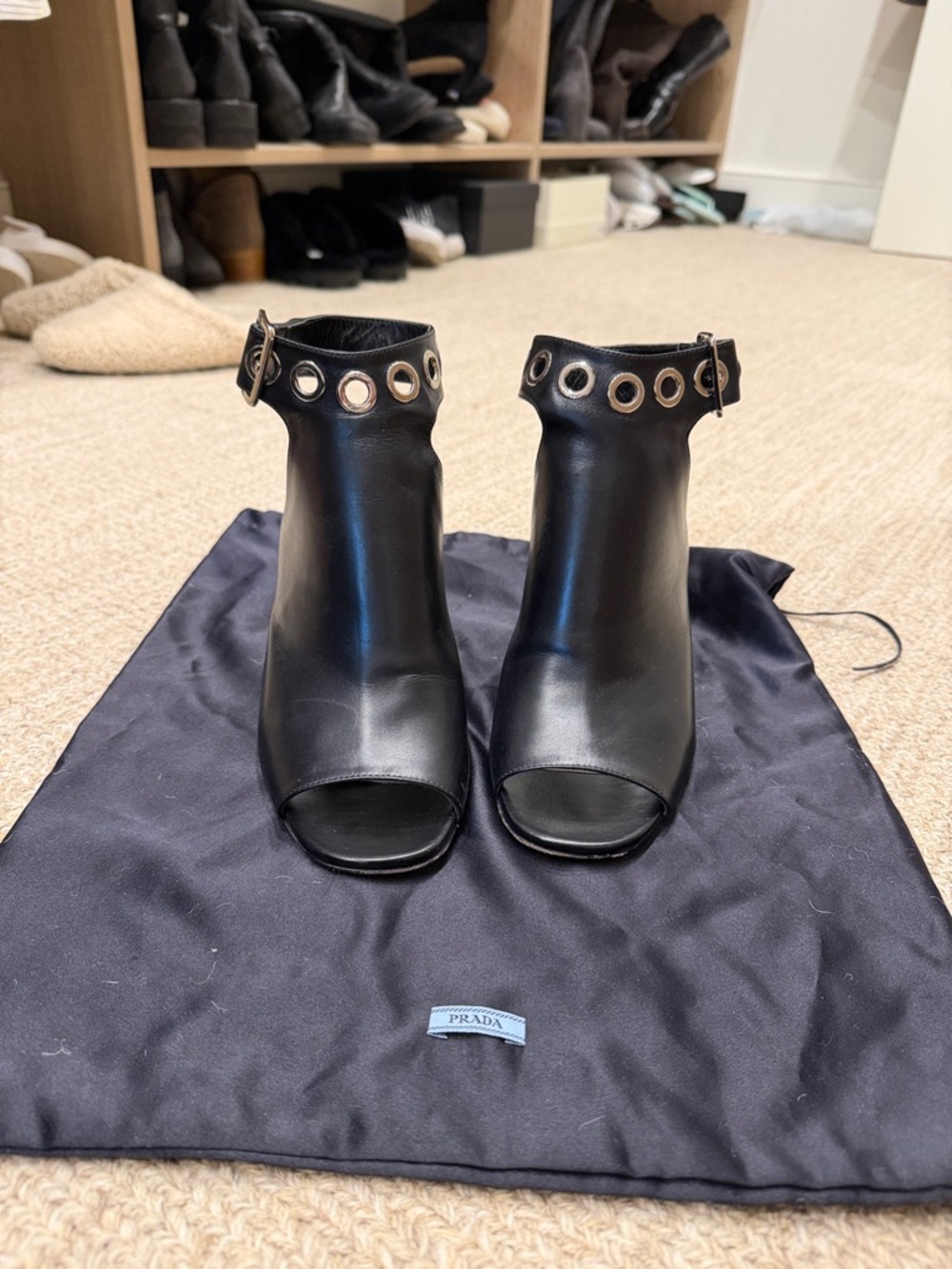 Vintage Prada Black Leather Peep-Toe Ankle Boots with Silver Eyelets - Picture 7 of 7